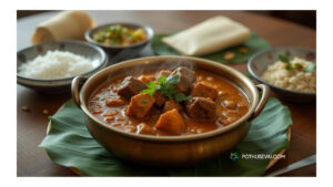 Traditional Tamil Nadu Mutton Kulambu served in a brass bowl with spicy gravy, tender mutton pieces, coriander garnish, and white rice on a banana leaf – பாரம்பரிய தமிழ் மட்டன் குழம்பு, பித்தளைக் கிண்ணத்தில் மசாலா குழம்பு, மென்மையான மட்டன் துண்டுகள், கொத்தமல்லி அலங்காரம், வாழையிலையில் சாதம்.