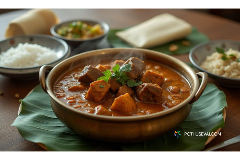 மட்டன் குழம்பு செய்முறை தமிழில் | Mutton Kulambu Recipe Tamil Traditional Tamil Nadu Mutton Kulambu served in a brass bowl with spicy gravy, tender mutton pieces, coriander garnish, and white rice on a banana leaf – பாரம்பரிய தமிழ் மட்டன் குழம்பு, பித்தளைக் கிண்ணத்தில் மசாலா குழம்பு, மென்மையான மட்டன் துண்டுகள், கொத்தமல்லி அலங்காரம், வாழையிலையில் சாதம்.