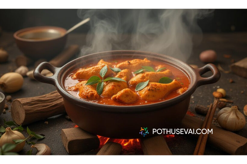Chicken Kulambu Seivathu Eppadi | சுவையான சிக்கன் குழம்பு செய்முறை Village style Tamil Nadu Chicken Kulambu cooking in a clay pot over firewood, spicy red gravy with chicken pieces, curry leaves, garlic, and spices – ஊர் ஸ்டைல் தமிழ் நாட்டுக் கோழி குழம்பு, மண் பானையில் மசாலா குழம்பு, கோழி துண்டுகள், கருவேப்பிலை, பூண்டு, மசாலா பொருட்கள்