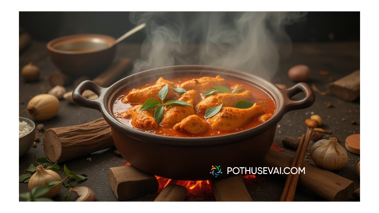Village style Tamil Nadu Chicken Kulambu cooking in a clay pot over firewood, spicy red gravy with chicken pieces, curry leaves, garlic, and spices – ஊர் ஸ்டைல் தமிழ் நாட்டுக் கோழி குழம்பு, மண் பானையில் மசாலா குழம்பு, கோழி துண்டுகள், கருவேப்பிலை, பூண்டு, மசாலா பொருட்கள்