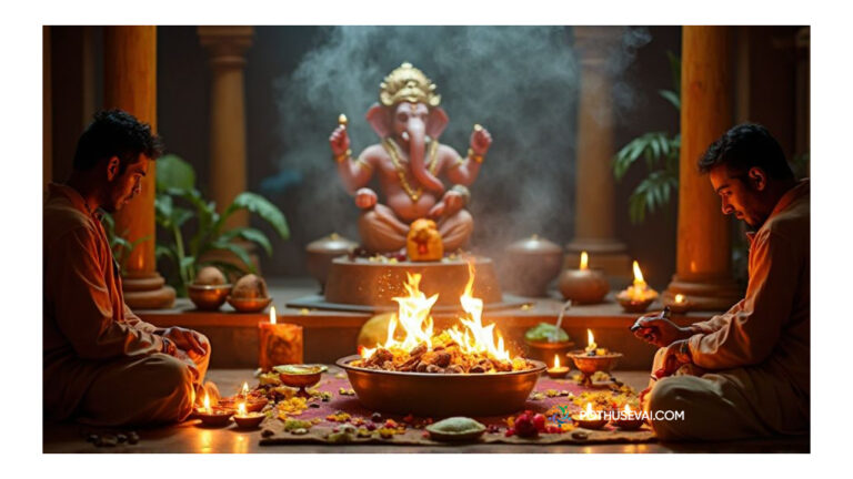 Ganapathi Homam setup with Ganesha idol, homa kundam, flowers, fruits, priests performing rituals – கணபதி ஹோமம் காட்சி