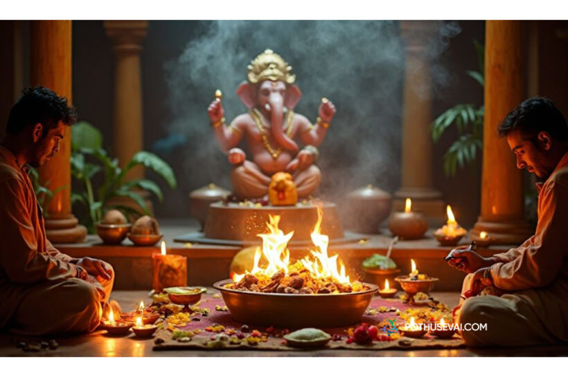 கணபதி ஹோமம் செய்ய தேவையான பொருட்கள் பட்டியல் | ganapathi homam list in tamil Ganapathi Homam setup with Ganesha idol, homa kundam, flowers, fruits, priests performing rituals – கணபதி ஹோமம் காட்சி