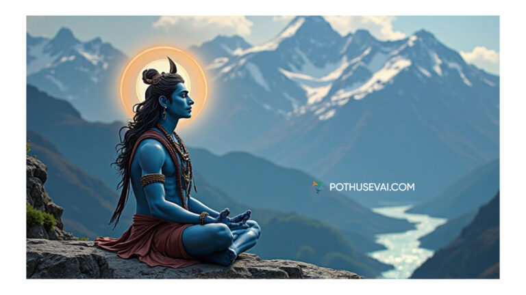 Lord Sivan sitting in meditation on Mount Kailash, glowing divine aura, crescent moon, Ganga flowing from hair, Trishul, tiger skin attire, serpent around neck, Himalaya background – சிவபெருமான் கைலாய மலையில் தியானம், சந்திரன், கங்கை, திரிசூலம், பாம்பு, புலித் தோல் உடை, இமயமலை பின்னணி