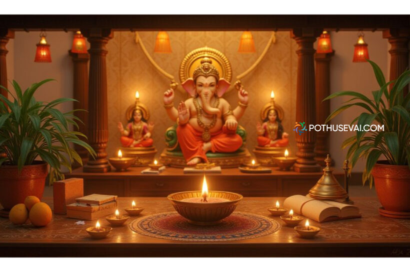 பூஜையறையில் வைக்க வேண்டிய மங்களகரமான பொருட்கள் | poojai araiyil vaika vendiya porutkal in tamil பூஜையறையில் வைக்க வேண்டிய மங்களகரமான பொருட்கள் | Pooja Room Items in Tamil | Kalasam, Brass Oil Lamp, Ganesha Idol, Tulsi Plant, Conch, Sacred Books, Spiritual Atmosphere
