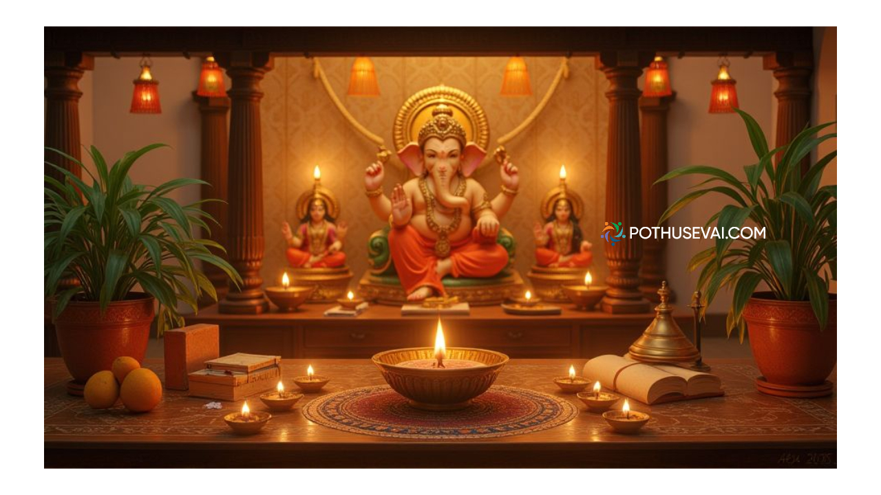பூஜையறையில் வைக்க வேண்டிய மங்களகரமான பொருட்கள் | Pooja Room Items in Tamil | Kalasam, Brass Oil Lamp, Ganesha Idol, Tulsi Plant, Conch, Sacred Books, Spiritual Atmosphere