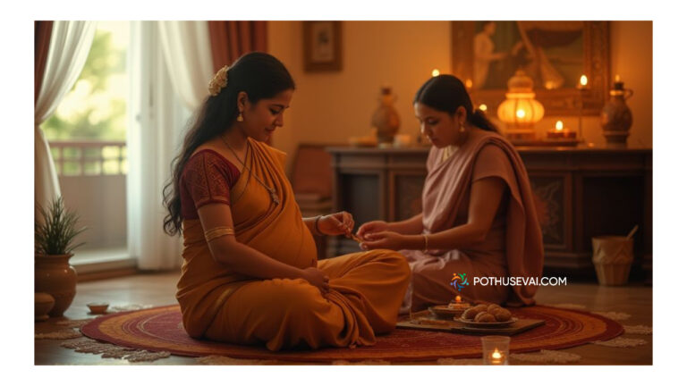 Pregnant South Indian woman changing mangalsutra thread with the help of family, traditional pooja room background.,கர்ப்பமாக இருக்கும் தென்னிந்திய பெண், தாலி கயிறு மாற்றும் போது, குடும்ப உதவியுடன், பின்னணியில் பூஜையறை மற்றும் பாரம்பரிய சூழல்.