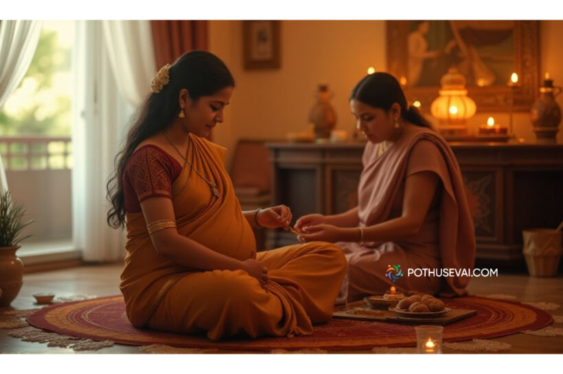 கர்ப்பமாக இருக்கும் போது தாலி கயிறு மாற்றலாமா | karpamaga irukum pothu thali kayiru matralama Pregnant South Indian woman changing mangalsutra thread with the help of family, traditional pooja room background.,கர்ப்பமாக இருக்கும் தென்னிந்திய பெண், தாலி கயிறு மாற்றும் போது, குடும்ப உதவியுடன், பின்னணியில் பூஜையறை மற்றும் பாரம்பரிய சூழல்.