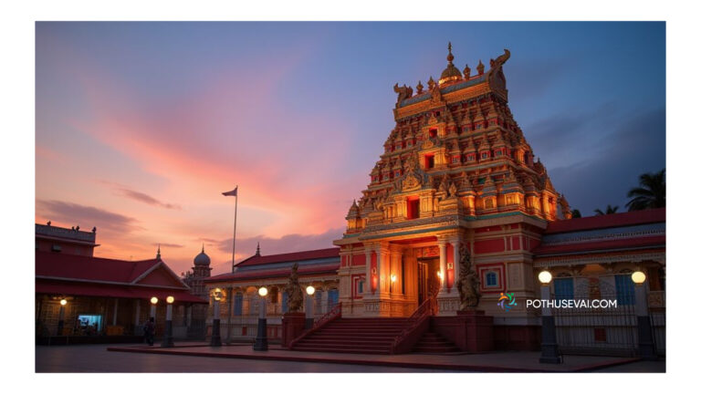 Beautiful Murugan temple glowing with colorful gopuram and golden kalasam, representing divine blessings in dreams,வண்ணமயமான கோபுரம் மற்றும் பொன் கலசத்துடன் பிரகாசிக்கும் முருகன் கோவில், கனவில் தோன்றும் தெய்வீக பாக்கியத்தை குறிக்கும் ஆன்மிக காட்சி