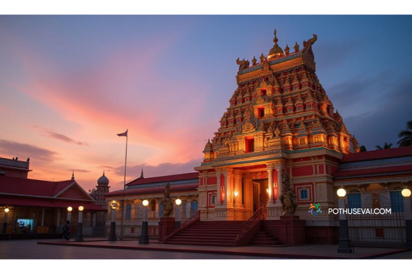 முருகன் கோவில் கனவில் வந்தால் என்ன பலன்? | murugan kanavil vanthal enna palan Beautiful Murugan temple glowing with colorful gopuram and golden kalasam, representing divine blessings in dreams,வண்ணமயமான கோபுரம் மற்றும் பொன் கலசத்துடன் பிரகாசிக்கும் முருகன் கோவில், கனவில் தோன்றும் தெய்வீக பாக்கியத்தை குறிக்கும் ஆன்மிக காட்சி