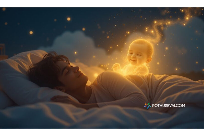 குழந்தை கனவில் வந்தால் – கனவு விளக்கம், ஆன்மீக அர்த்தம் & ஜோதிட பலன்கள் குழந்தை கனவில் வந்தால் – Baby dream meaning in Tamil with a peaceful Tamil woman sleeping, golden divine light, smiling baby in dream, spiritual Tamil village background